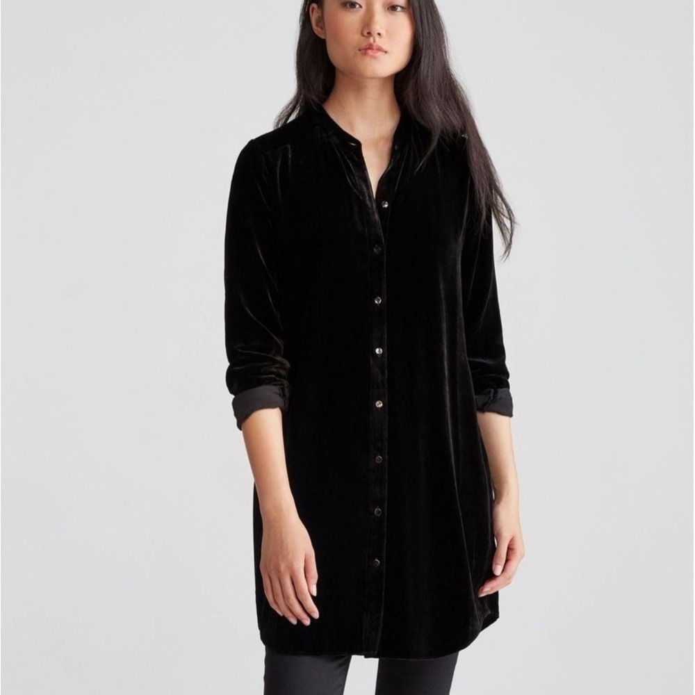 EILEEN FISHER Silk Velvet Shirt Mandarin Collar Buttondown Black Small Petite